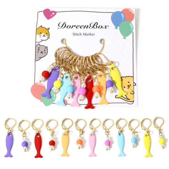 Immagine di 1 Serie （ 12 PCs/Set) Lega di Zinca + Acrilato Marcatori di Punto a maglia KC Placcato Oro Multicolore Pesce Pittura 4.3cm x 0.8cm