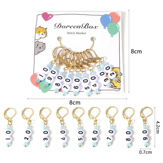 1 セット (約 9個/セット) ガラス & アクリル 編み物用品 段数マーカー 目数段数リング ステッチマーカー KC金メッキ 数字 4.2cm x 0.7cm の画像