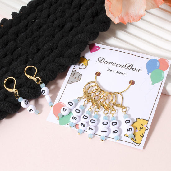 1 セット (約 9個/セット) ガラス & アクリル 編み物用品 段数マーカー 目数段数リング ステッチマーカー KC金メッキ 数字 4.2cm x 0.7cm の画像