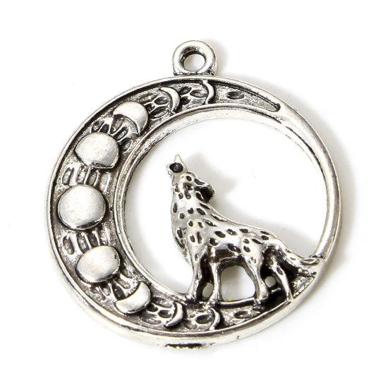 Picture of 10 PCs Zinc Based Alloy Pendants Antique Silver Color Wolf Moon Phases Hollow 3cm x 2.7cm