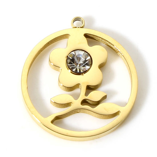 Immagine di 1 Pz Placcatura Sottovuoto 304 Acciaio Inossidabile Elegante Ciondoli Tondo Oro Placcato Fiore Filigrana Trasparente Strass 18mm x 16mm