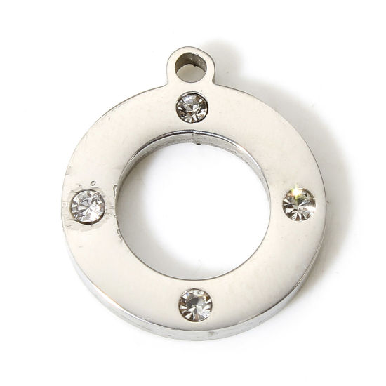 Immagine di 1 Pz 304 Acciaio Inossidabile Semplice Charms Anello Tono Argento Trasparente Strass 16mm x 14mm