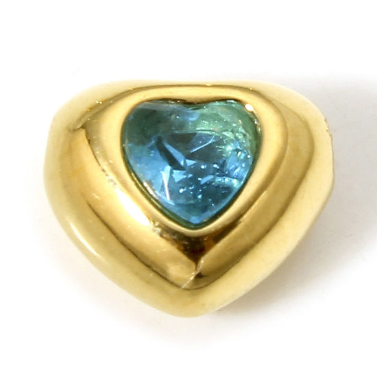 Bild von 1 Stück Vakuumbeschichtung 304 Edelstahl Monatsstein Perlen für die Herstellung von DIY-Charme-Schmuck Herz Vergoldet Blau Strass 8mm x 7mm, Loch: ca. 0.8mm