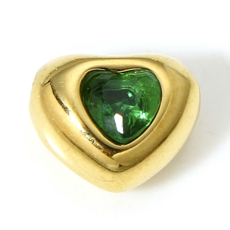 Bild von 1 Stück Vakuumbeschichtung 304 Edelstahl Monatsstein Perlen für die DIY-Schmuckherstellung Herz Vergoldet Grün Strass 8mm x 7mm, Loch: ca. 0.8mm