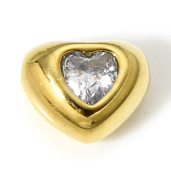 Bild von 1 Stück Vakuumbeschichtung 304 Edelstahl Monatsstein Perlen für die Herstellung von DIY-Charme-Schmuck Herz Vergoldet Transparent Strass 8mm x 7mm, Loch: ca. 0.8mm