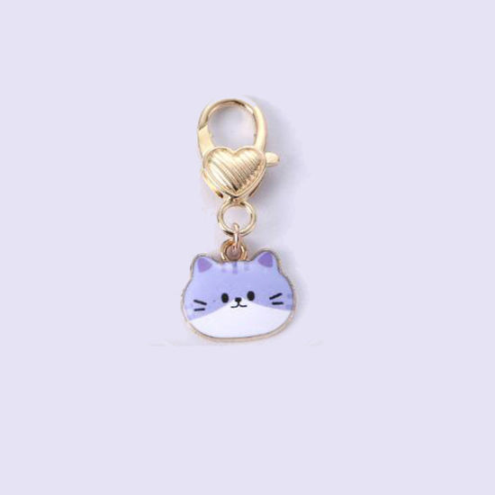 Picture of 1 Piece Japanese Style Keychain & Keyring Gold Plated Purple Cat Animal Enamel 4.5cm x 2cm