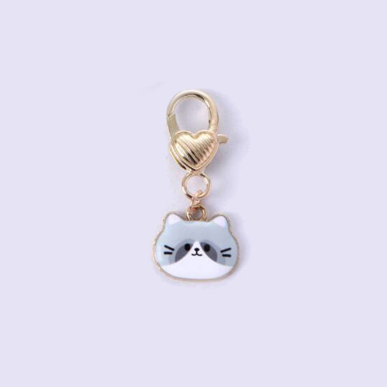 Picture of 1 Piece Japanese Style Keychain & Keyring Gold Plated Gray Cat Animal Enamel 4.5cm x 2cm