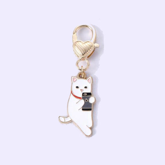 Picture of 1 Piece Japanese Style Keychain & Keyring Gold Plated Multicolor Cat Animal Enamel 5.5cm x 1.5cm