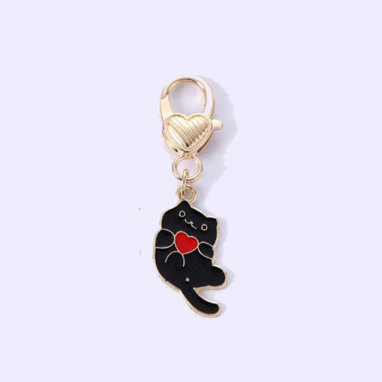 Picture of 1 Piece Japanese Style Keychain & Keyring Gold Plated Black Cat Animal Heart Enamel 5.5cm x 1.5cm