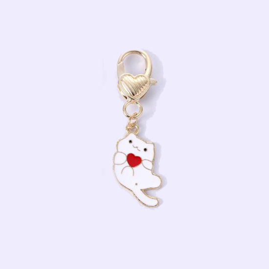 Picture of 1 Piece Japanese Style Keychain & Keyring Gold Plated White Cat Animal Heart Enamel 5.5cm x 1.5cm