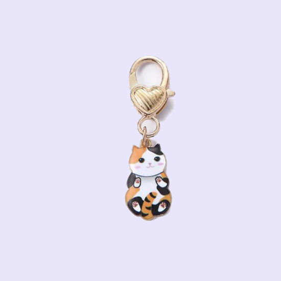 Picture of 1 Piece Japanese Style Keychain & Keyring Gold Plated Orange Cat Animal Enamel 5.5cm