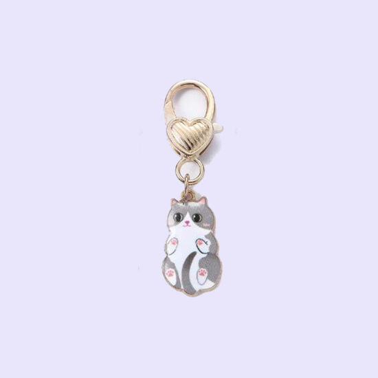 Picture of 1 Piece Japanese Style Keychain & Keyring Gold Plated Gray Cat Animal Enamel 5.5cm