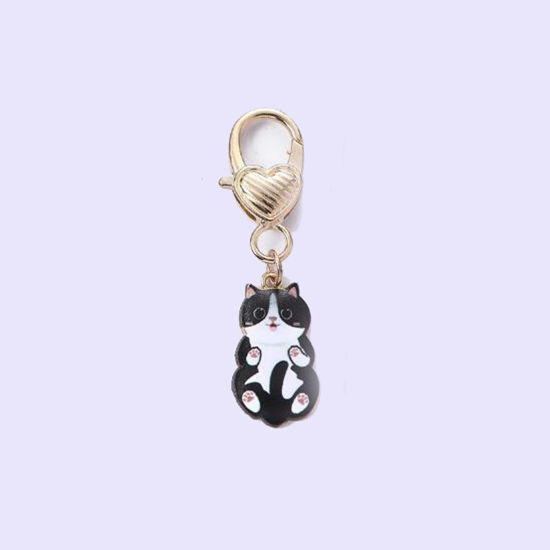 Picture of 1 Piece Japanese Style Keychain & Keyring Gold Plated Black Cat Animal Enamel 5.5cm