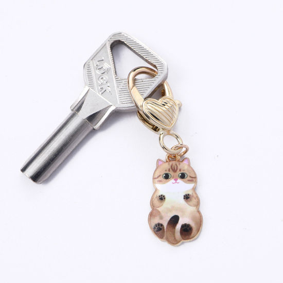 Picture of 1 Piece Japanese Style Keychain & Keyring Gold Plated Brown Cat Animal Enamel 5.5cm