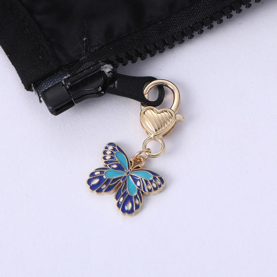 Picture of 1 Piece Japanese Style Keychain & Keyring Gold Plated Blue Butterfly Animal Enamel 4.5cm x 2.1cm