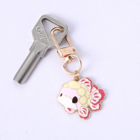 Picture of 1 Piece Japanese Style Keychain & Keyring Gold Plated Pink Fish Animal Enamel 6cm