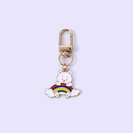 Picture of 1 Piece Japanese Style Keychain & Keyring Gold Plated Multicolor Rabbit Animal Rainbow Enamel 6cm