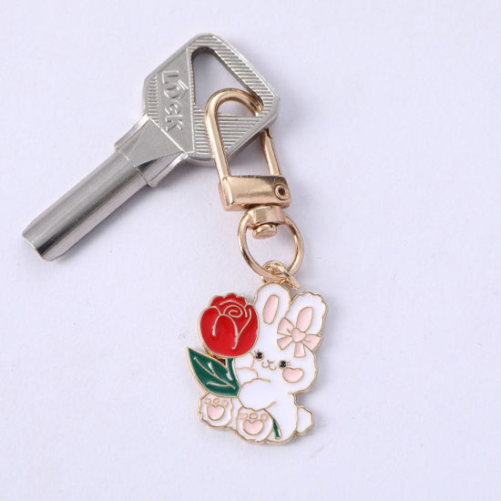 Picture of 1 Piece Japanese Style Keychain & Keyring Gold Plated Multicolor Rabbit Animal Flower Enamel 6cm