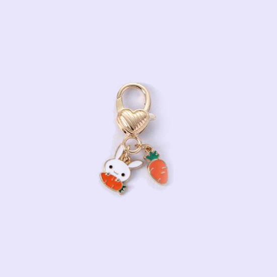 Picture of 1 Piece Japanese Style Keychain & Keyring Gold Plated Multicolor Carrot Rabbit Enamel 4cm