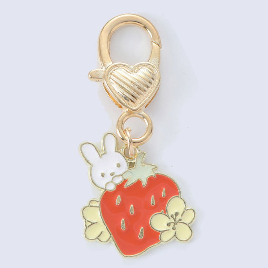 Picture of 1 Piece Japanese Style Keychain & Keyring Gold Plated Multicolor Strawberry Fruit Rabbit Enamel 7cm