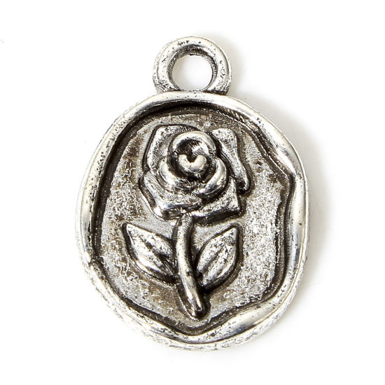 Bild von 100 Stück Zinklegierung Valentinstag Charms Antiksilber Unregelmäßig Rose 14.5mm x 10mm