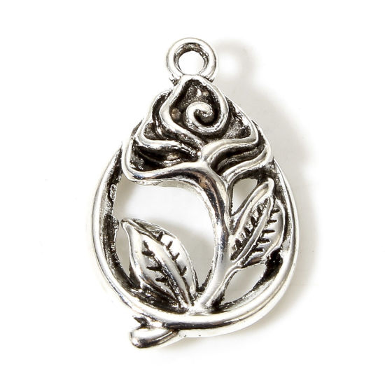 Bild von 100 Stück Zinklegierung Valentinstag Charms Antiksilber Tropfen Rose Hohl 19mm x 12.5mm