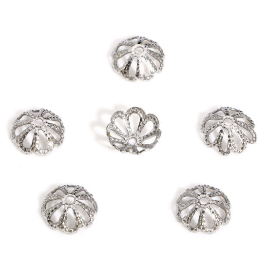 Picture of 20 PCs 304 Stainless Steel Bead Caps Flower Silver Tone (Fits 8mm Beads) 8mm x 8mm