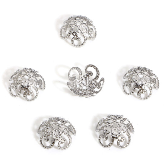 Bild von 20 Stück 304 Edelstahl Perlen Endkappen Blumen Silberfarbe (Für 10mm Perlen) 10mm x 10mm