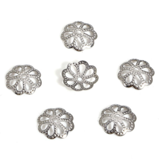 Bild von 20 Stück 304 Edelstahl Perlen Endkappen Blumen Silberfarbe (Für 14mm Perlen) 10mm x 10mm