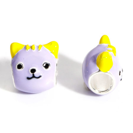 Image de 2 Pcs Perles à Gros Trou de Style Européen en Alliage de Zinc Violet Chat Émail 11mm x 11mm, Trou: Environ 4.5mm