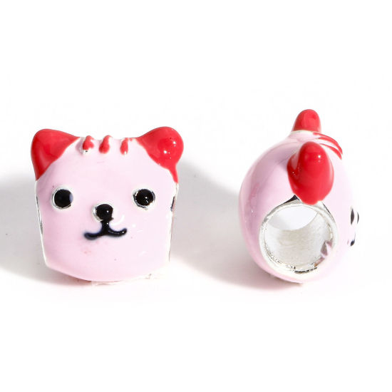 Picture of 2 PCs Zinc Based Alloy European Style Large Hole Charm Beads Pink Cat Animal Enamel 11mm x 11mm, Hole: Approx 4.5mm