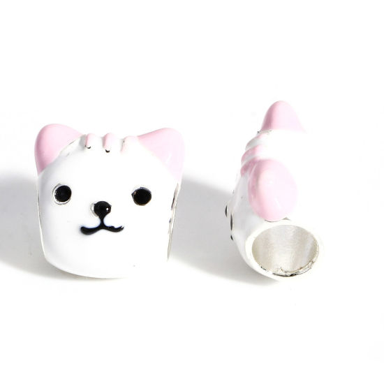 Picture of 2 PCs Zinc Based Alloy European Style Large Hole Charm Beads White Cat Animal Enamel 11mm x 11mm, Hole: Approx 4.5mm