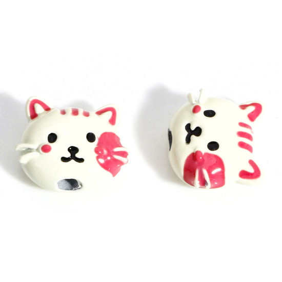Picture of 5 PCs Zinc Based Alloy Spacer Beads For DIY Charm Jewelry Making Creamy-White Cat Animal Enamel About 13mm x 11mm, Hole: Approx 2mm