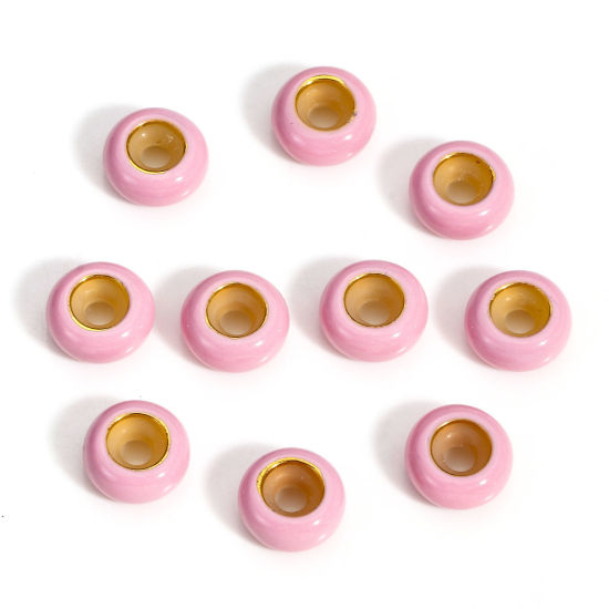 Bild von 5 Stück Messing Stopper-Abstandsperlen mit Gummikern für die DIY-Schmuckherstellung Rund Rosa Emaille 8.5mm Dia., Loch: Ca 2.2mm                                                                                                                              