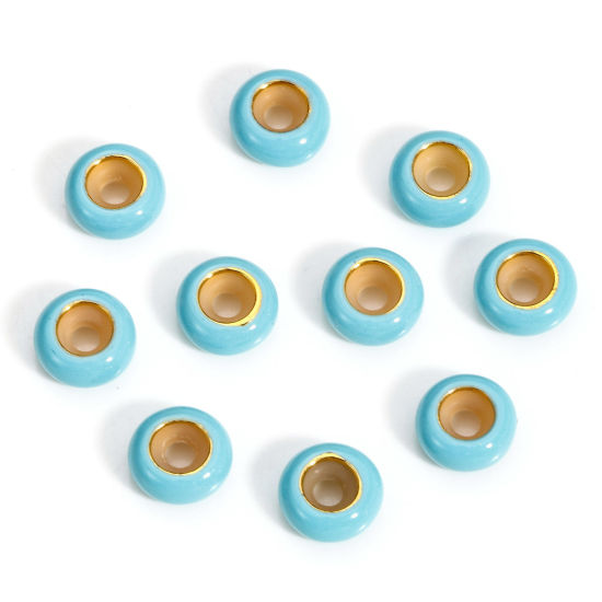 Bild von 5 Stück Messing Stopper-Abstandsperlen mit Gummikern für die DIY-Schmuckherstellung Rund Cyan Emaille 8.5mm Dia., Loch: Ca 2.2mm                                                                                                                              