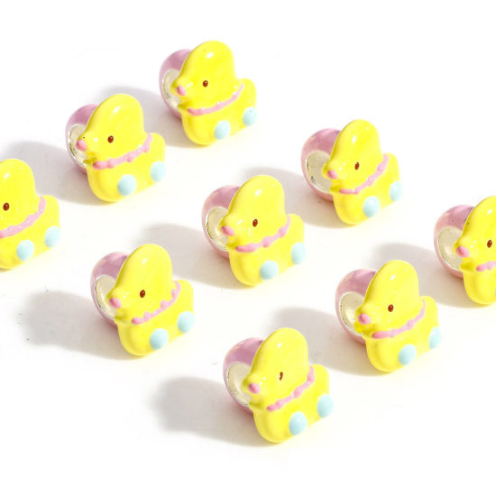 Picture of 1 Piece Brass Stopper Spacer Beads With Rubber Core For DIY Jewelry Making Findings Duck Animal Yellow Enamel 13mm x 13mm, Hole: Approx 2.2mm                                                                                                                 