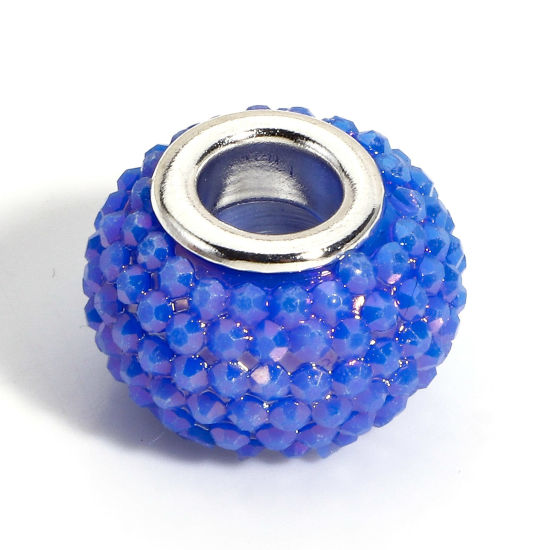 Picture of 20 PCs Acrylic European Style Large Hole Charm Beads Blue Round Rhinestone 14mm Dia., Hole: Approx 4.8mm