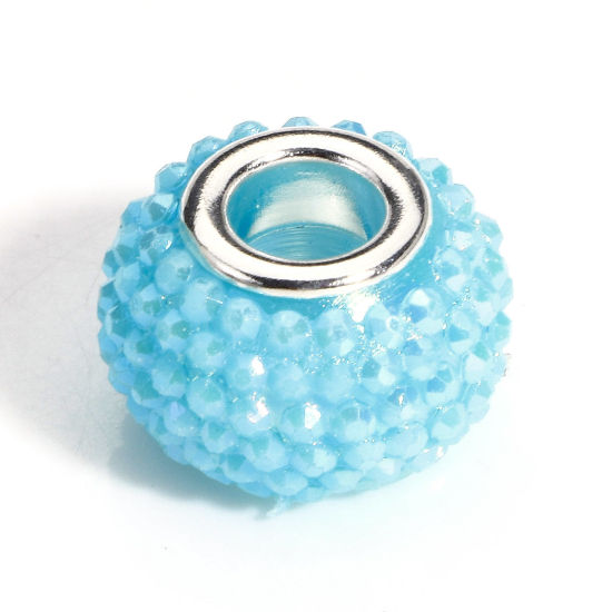 Picture of 20 PCs Acrylic European Style Large Hole Charm Beads Green Blue Round Rhinestone 14mm Dia., Hole: Approx 4.8mm