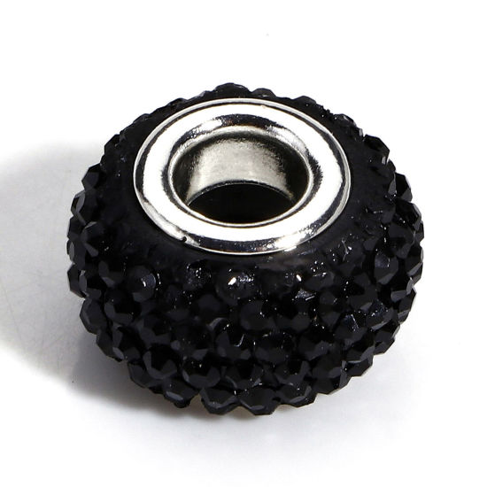 Picture of 20 PCs Acrylic European Style Large Hole Charm Beads Black Round Rhinestone 14mm Dia., Hole: Approx 4.8mm