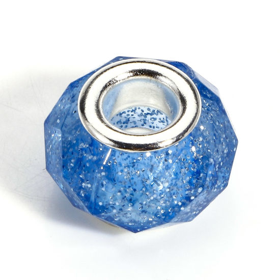 Picture of 20 PCs Acrylic European Style Large Hole Charm Beads Dark Blue Round Glitter 14mm Dia., Hole: Approx 4.8mm
