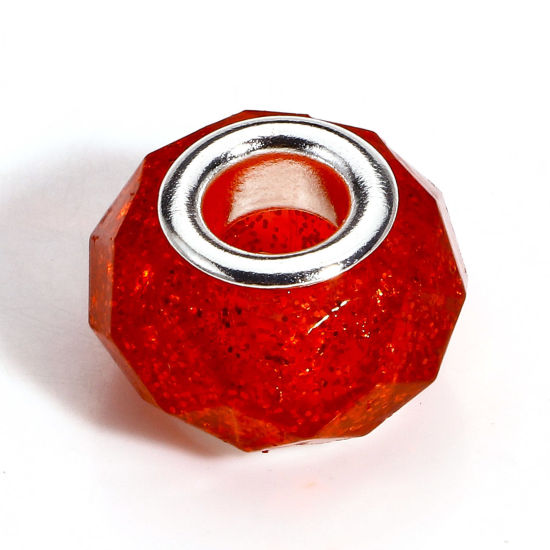 Picture of 20 PCs Acrylic European Style Large Hole Charm Beads Red Round Glitter 14mm Dia., Hole: Approx 4.8mm
