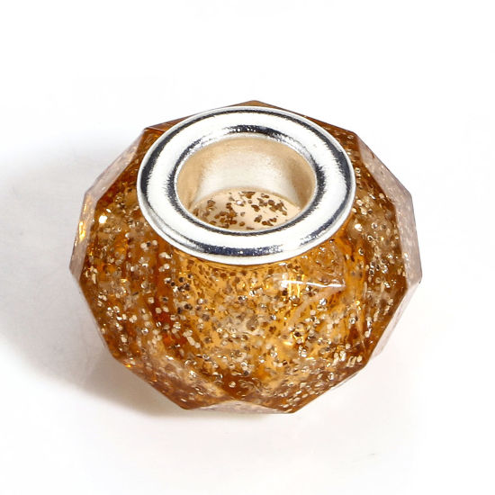 Picture of 20 PCs Acrylic European Style Large Hole Charm Beads Brown Round Glitter 14mm Dia., Hole: Approx 4.8mm