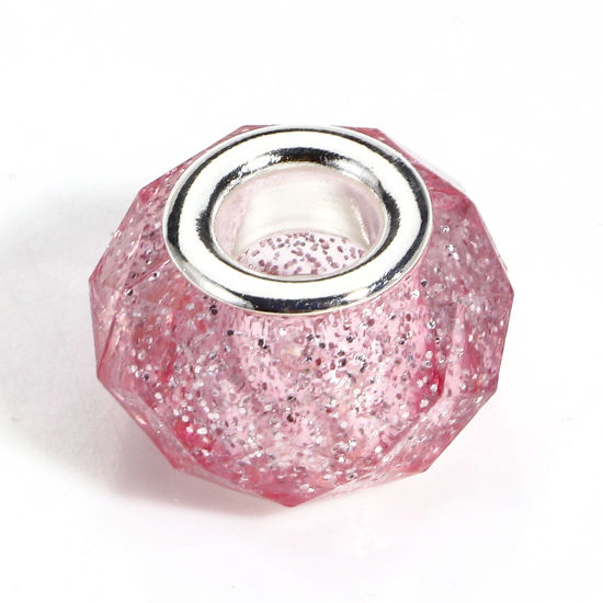 Picture of 20 PCs Acrylic European Style Large Hole Charm Beads Pink Round Glitter 14mm Dia., Hole: Approx 4.8mm
