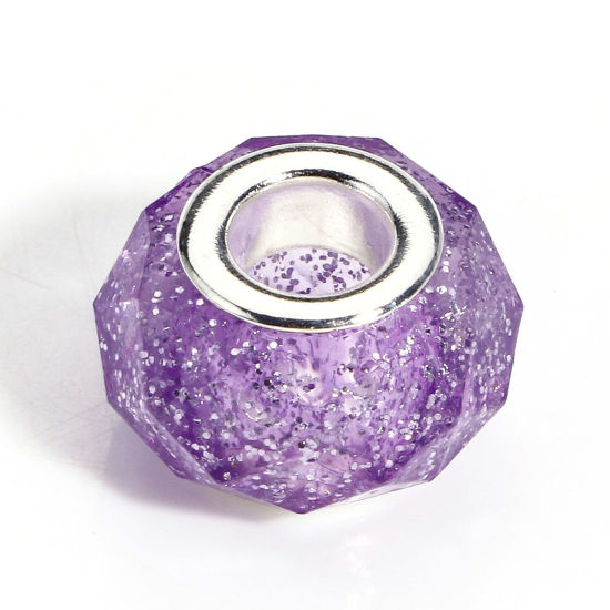 Picture of 20 PCs Acrylic European Style Large Hole Charm Beads Purple Round Glitter 14mm Dia., Hole: Approx 4.8mm