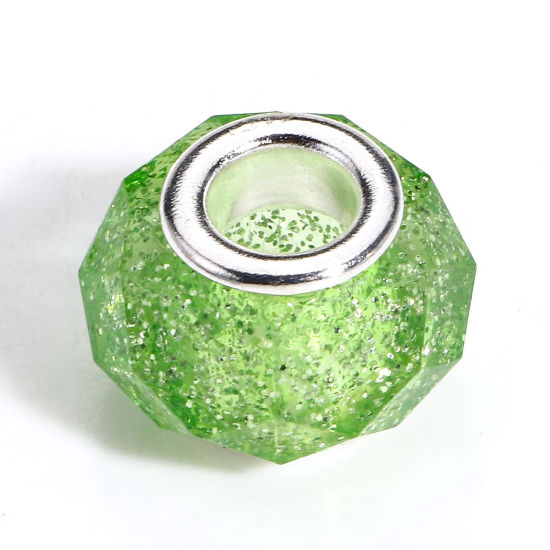 Picture of 20 PCs Acrylic European Style Large Hole Charm Beads Green Round Glitter 14mm Dia., Hole: Approx 4.8mm
