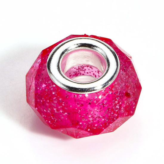 Picture of 20 PCs Acrylic European Style Large Hole Charm Beads Fuchsia Round Glitter 14mm Dia., Hole: Approx 4.8mm