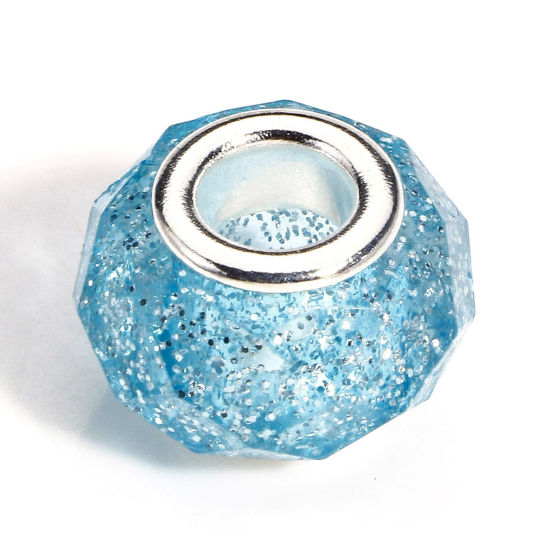 Picture of 20 PCs Acrylic European Style Large Hole Charm Beads Blue Round Glitter 14mm Dia., Hole: Approx 4.8mm