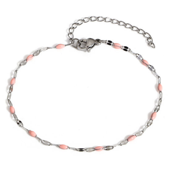 Immagine di 1 Pz 304 Acciaio Inossidabile Catena delle Labbra Braccialetti Tono Argento Rosa Chiaro Smalto 17.5cm Lunghezza