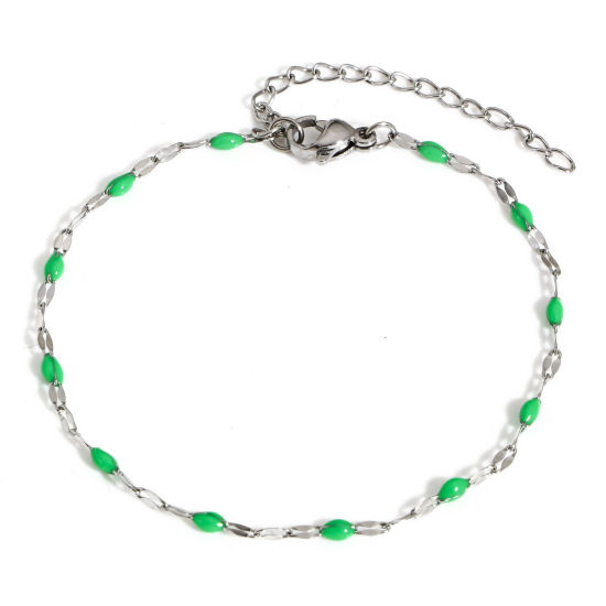 Immagine di 1 Pz 304 Acciaio Inossidabile Catena delle Labbra Braccialetti Tono Argento Verde Smalto 17.5cm Lunghezza