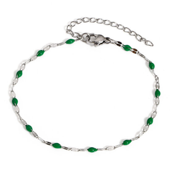 Immagine di 1 Pz 304 Acciaio Inossidabile Catena delle Labbra Braccialetti Tono Argento Verde Scuro Smalto 17.5cm Lunghezza